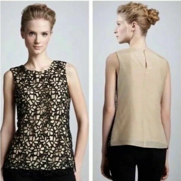 Lela Rose Silk Blend Guipure Lace Blouse Black/Beige Sz. Medium - Picture 1 of 6